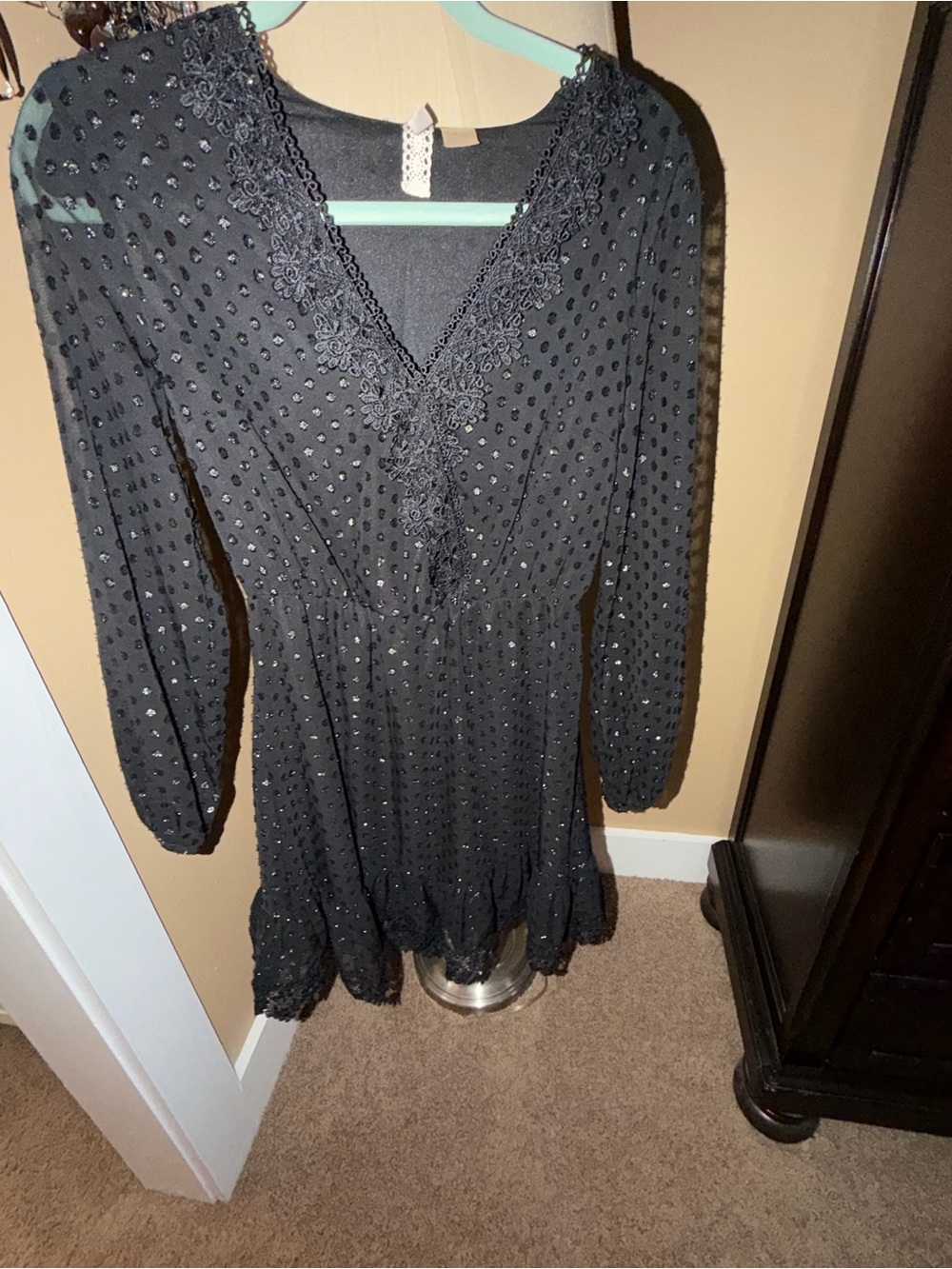 H&M Black Long Sleeve V-Neck Embellished Prom Dress